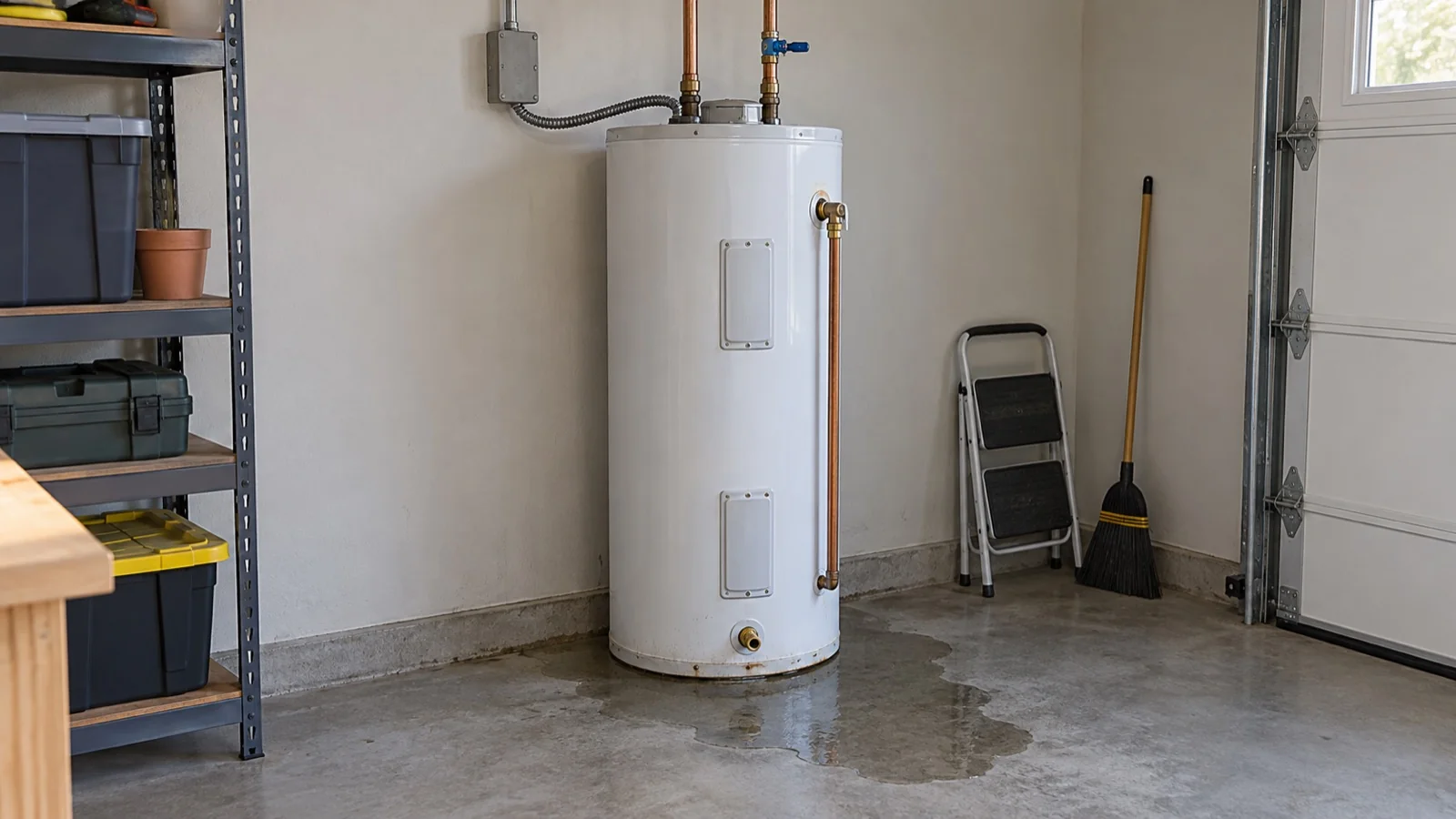 Tank water heater in a garage corner next to a step stool and a broom